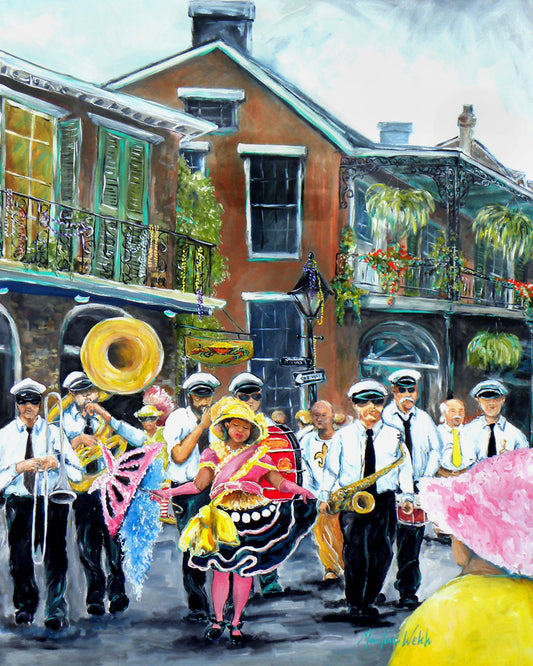 "French Quarter Frolic" Original Painting of a second line in NOLA 36"x48"