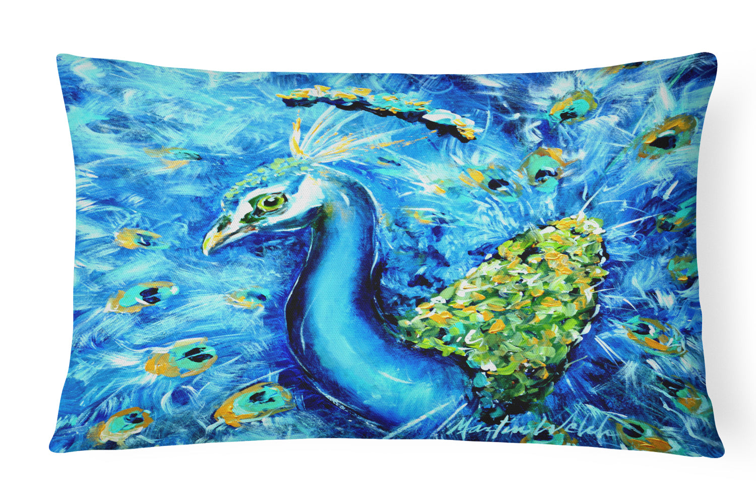 Buy this Peacock Straight Up in Blue Canvas Fabric Decorative Pillow