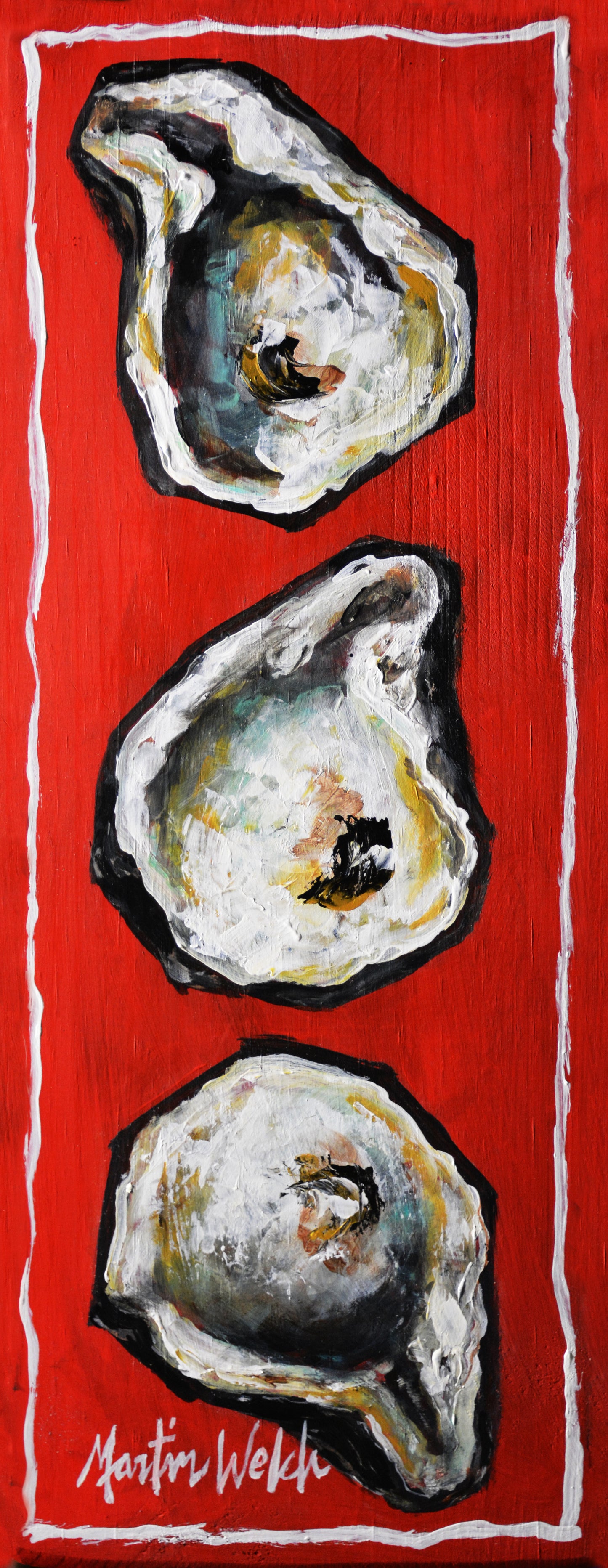 "Oysters on Red Board" 9.5x24 Original Painting of Oyster Shells