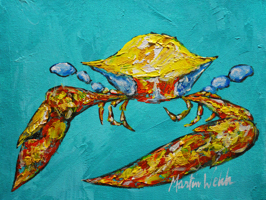 "Point To The Left" Original Painting of a blue crab on aqua background 9x12