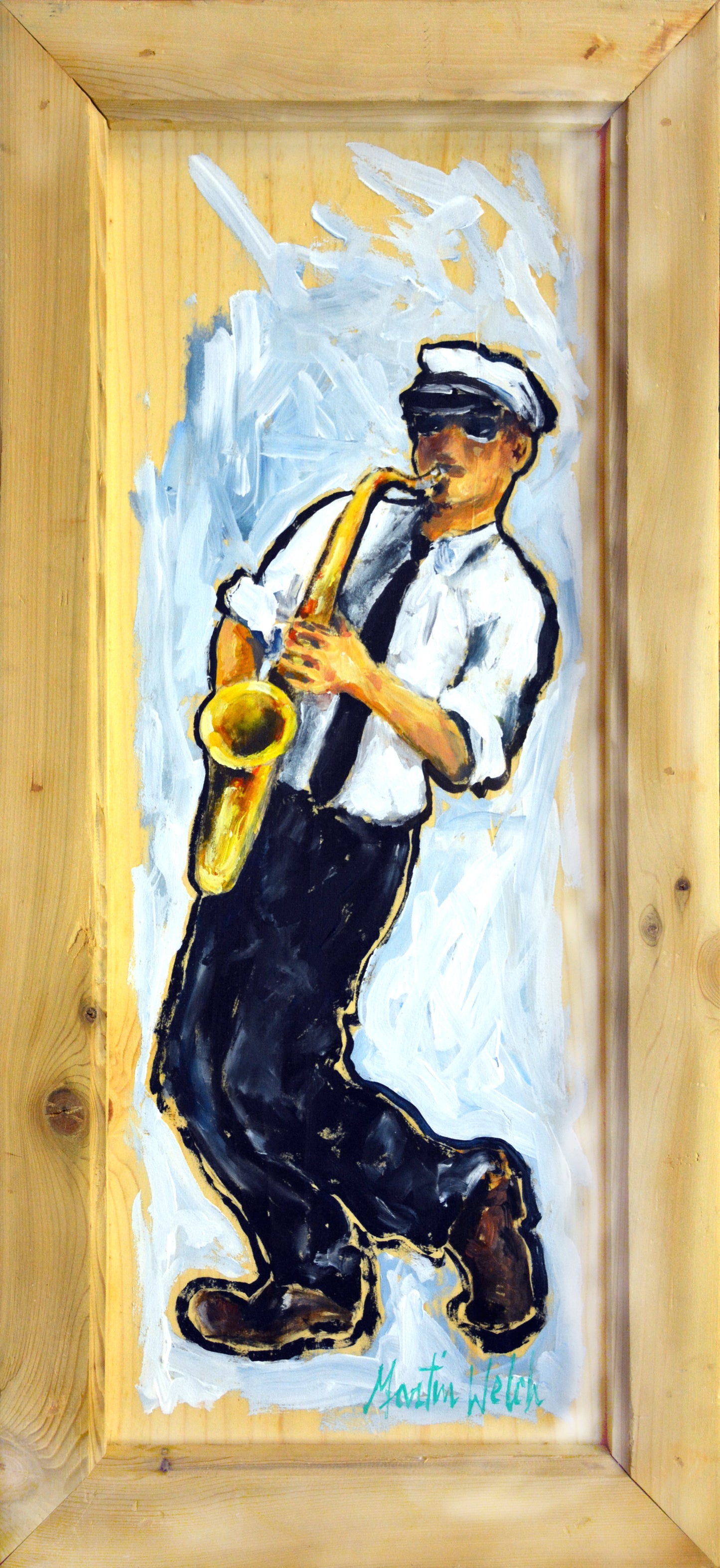 "Sax Man" Original Painting on recycled wood 11.25x24
