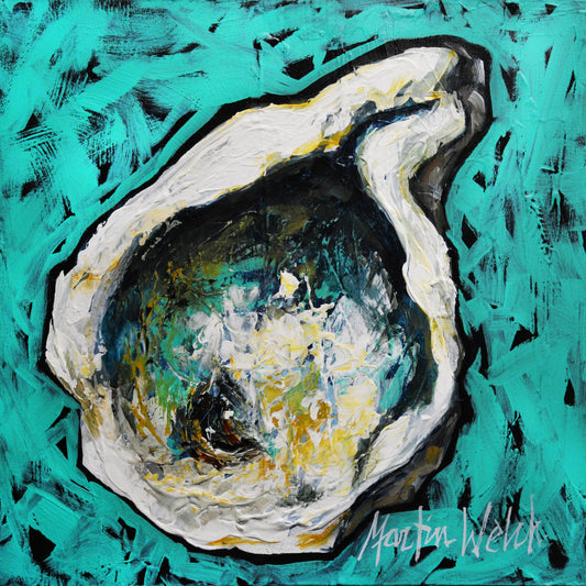 "Shell Up" Original Painting of an oyster shell on aqua/black background 20x20